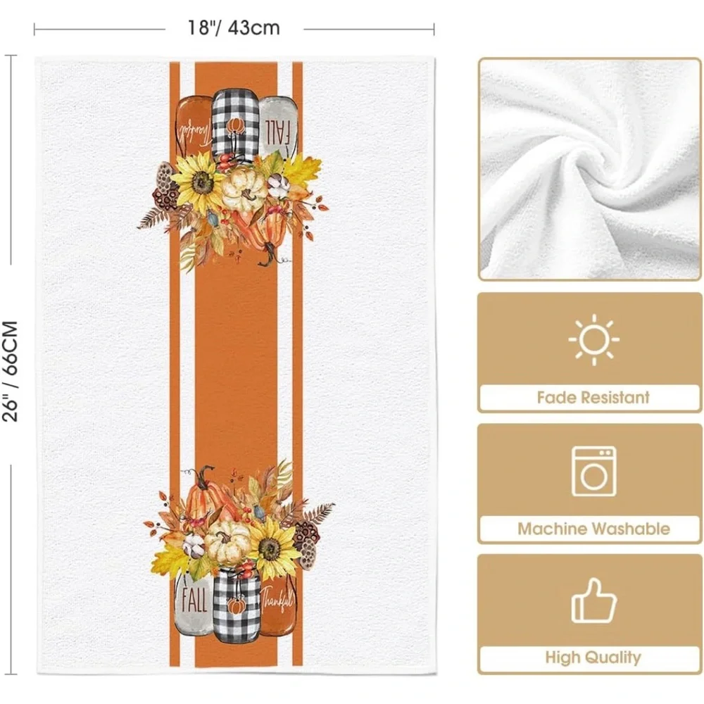 Set of 2 Hello Pumpkin Fall Kitchen Towels , 18x26 Inch Seasonal Hand Towels